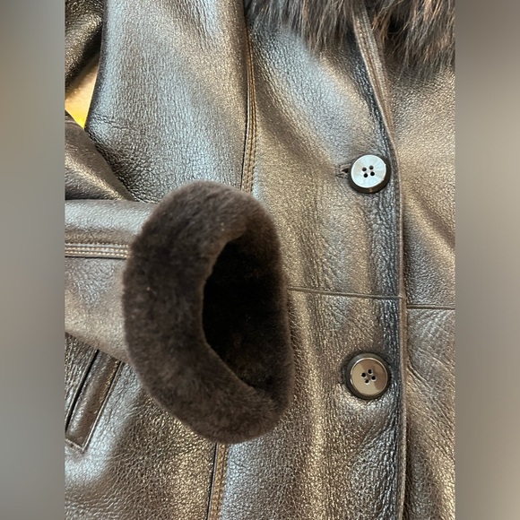 Brown Black Real leather and Real Fur Maxi Coat - Picture 7 of 15